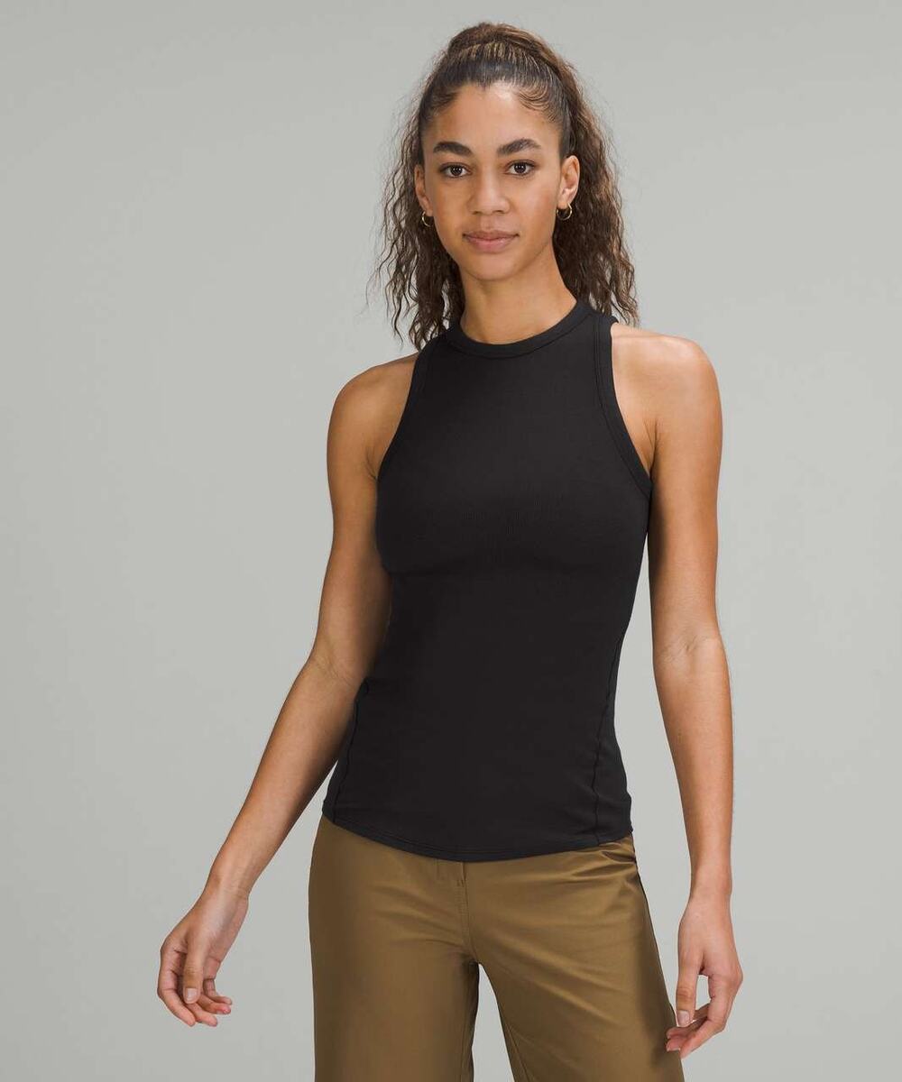 Lululemon Hold Tight Ribbed Knit High Neck Curved Hem Slim Fit Tank Top Black 4